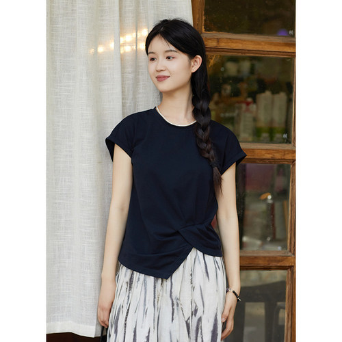 忘城H1192座/蝉鸣山夏/夏季结构感T恤棉氨微弹百搭显瘦短袖上衣女
