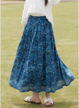 忘城T522座/星辰夜语/夏季新款42支苎麻蓝色印花文艺a字半身裙女