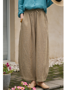 忘城N1040座/一片芦苇/春夏14支色织亚麻哈伦裤系带显瘦文艺长裤