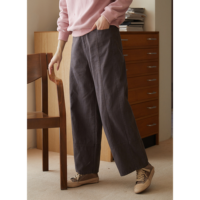 忘城H1081座/一楼清风/25春款亚麻棉混纺色织宽松线条分割哈伦裤