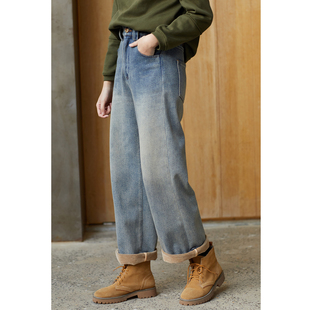 百搭直筒裤 忘城A1145座 加绒加厚保暖蓝色牛仔裤 冬新款 风蚀旷野