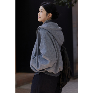 羊毛混纺浅花灰连帽卫衣开衫 冬款 加厚外套女 中途站 忘城H1415座