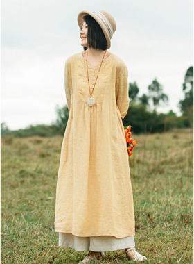 忘城S809座/贰月春/2023早春色织亚麻汉麻黄色小V领衬衫连衣裙