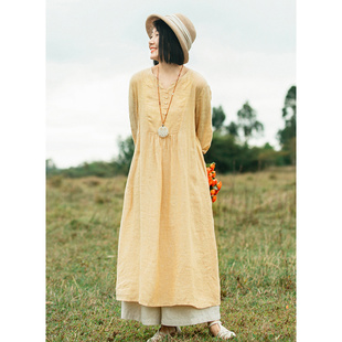 连衣裙 2023早春色织亚麻汉麻黄色小V领衬衫 忘城S809座 贰月春