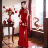 红色改良旗袍敬酒服2026新款 平时可穿高级感结婚礼服鱼尾连衣裙女