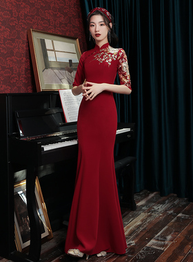 中式红色旗袍女2026新款订婚礼服裙日常新娘敬酒服回门鱼尾连衣裙