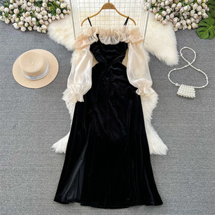 法式金丝绒吊带连衣裙日常女秋冬一字肩荷叶边气质开叉晚礼服宴会