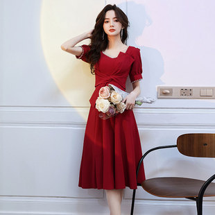 礼服裙女宴会气质名媛方领设计回门便装 结婚订婚礼服酒红色连衣裙