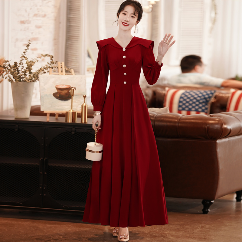 优雅长袖A字裙长款礼服裙