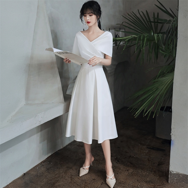 简约v领短袖A字裙中长款礼服裙