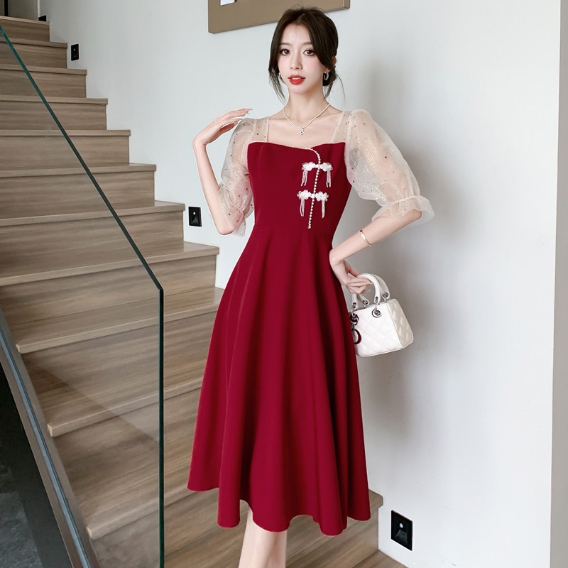 优雅方领短袖A字裙中长款礼服