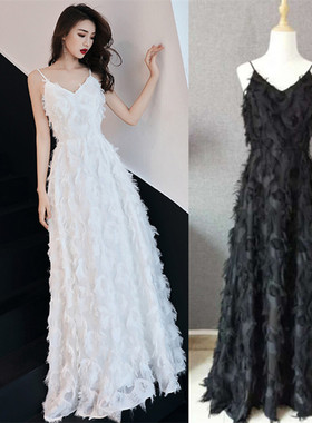 礼服裙女宴会 气质超仙羽毛连衣裙气场女王晚宴伴娘礼服时尚优雅