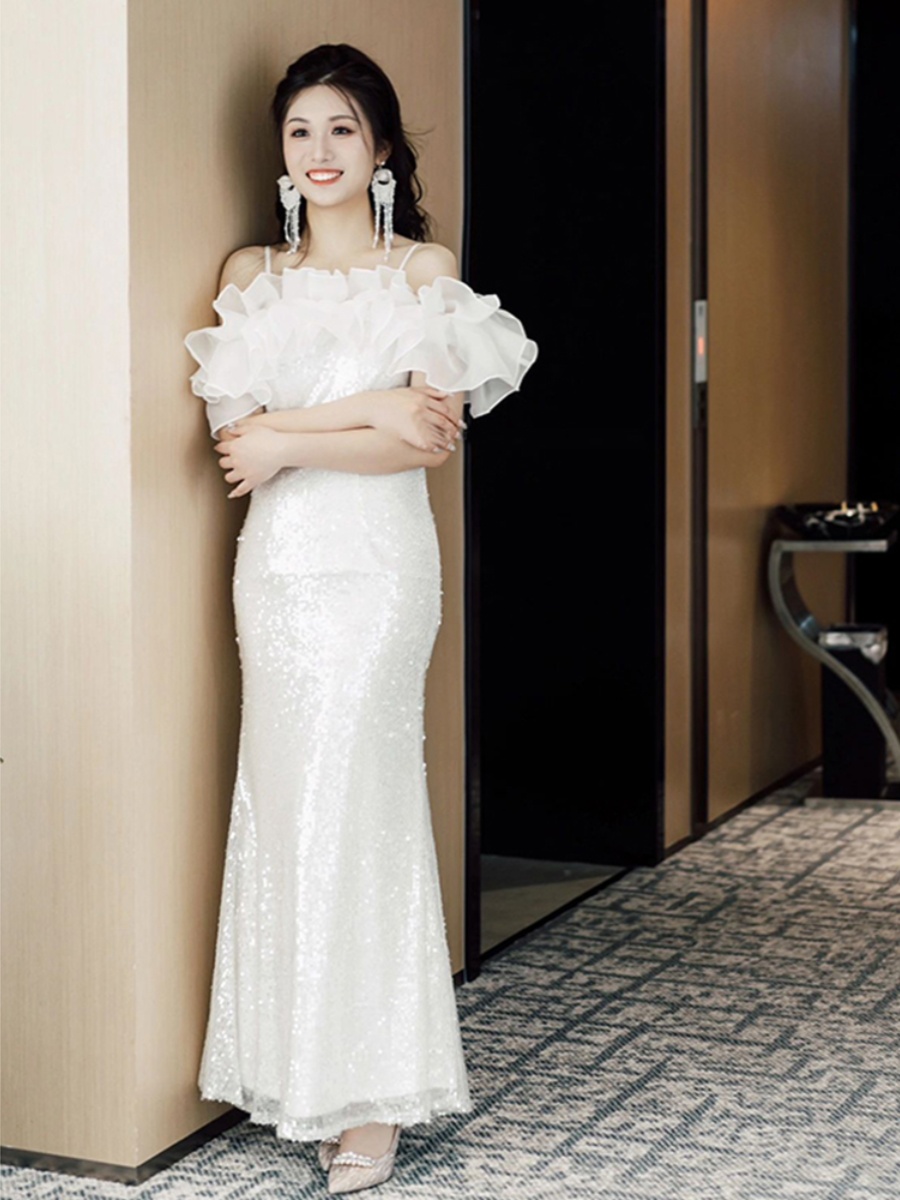 Elite white evening dress, sexy long skirt, open shoulders, lifting effect, 