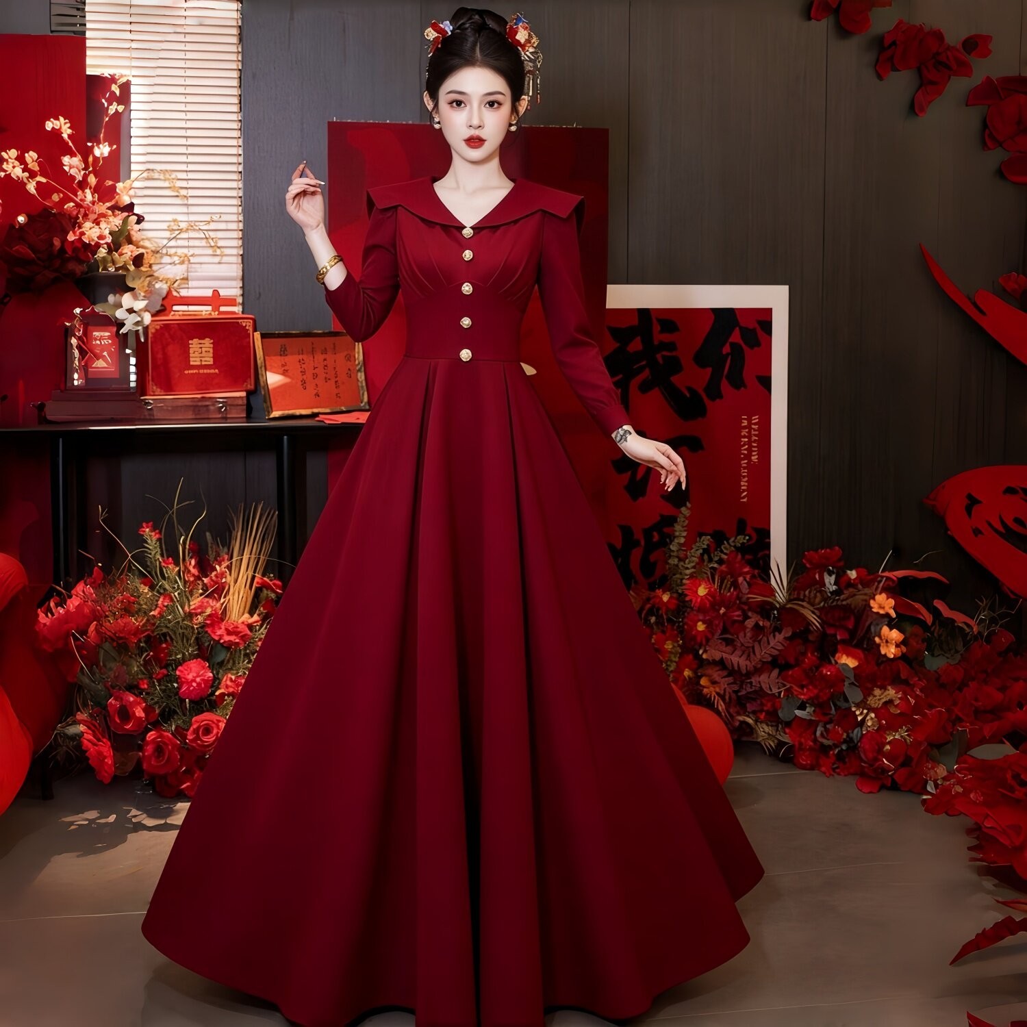 结婚礼服长裙敬酒服新娘红色高级感订婚连衣裙小个子新款绝美回门