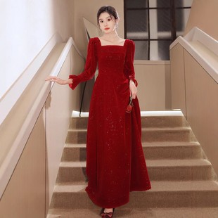 主持人晚礼服气质名媛敬酒服新娘红色订婚连衣裙高级感长裙便装 女
