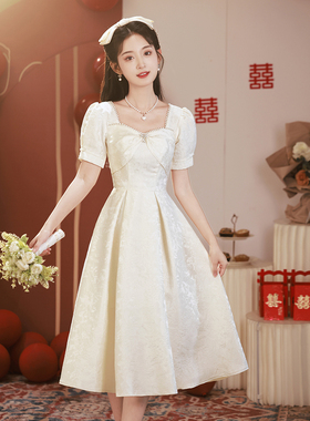 香槟色晚礼服法式高级感艺考晚宴生日订婚领证泡泡袖小个子连衣裙