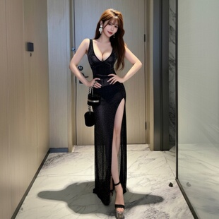 夜总会足疗工作服技师按摩spa长裙性感透视网纱开叉连衣裙女夜店