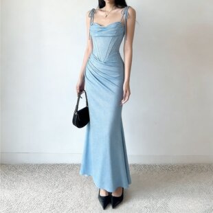 御姐风包臀鱼尾长裙亮片吊带系带连衣裙性感显瘦宴会约会裙子修身