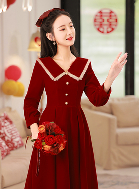 敬酒服新娘结婚小个子优雅气质名媛娃娃领中长款连衣裙日常礼服裙