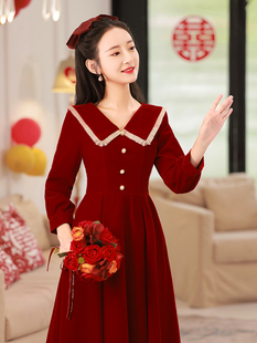敬酒服新娘结婚小个子优雅气质名媛娃娃领中长款 连衣裙日常礼服裙