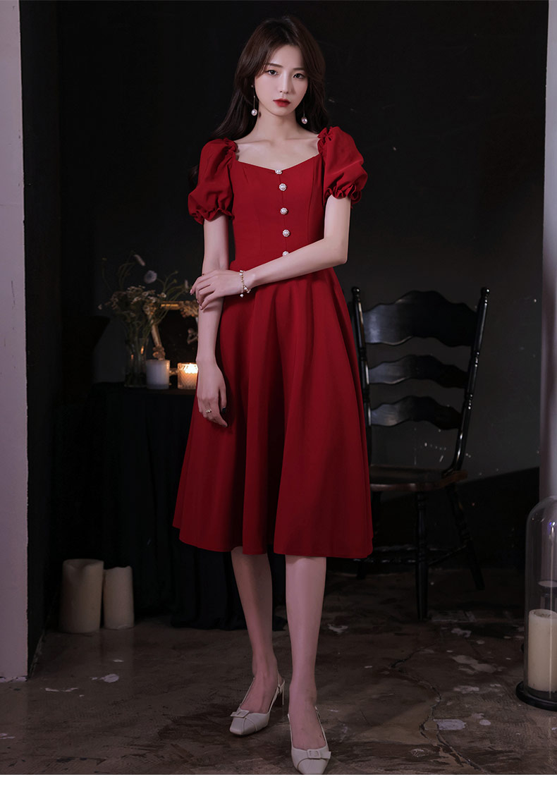 Evening dress for bride, long skirt, fitted, square neckline, with short sleeve, suitable for teen, mid-length Evening dress for bride, long skirt, fitted, square neckline, with short sleeve, suitable for teen, mid-length