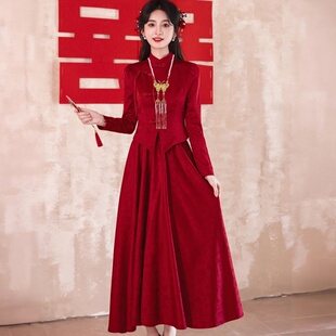 新中式旗袍敬酒服新娘红色订婚套装出阁礼服回门便装小个子晚礼服