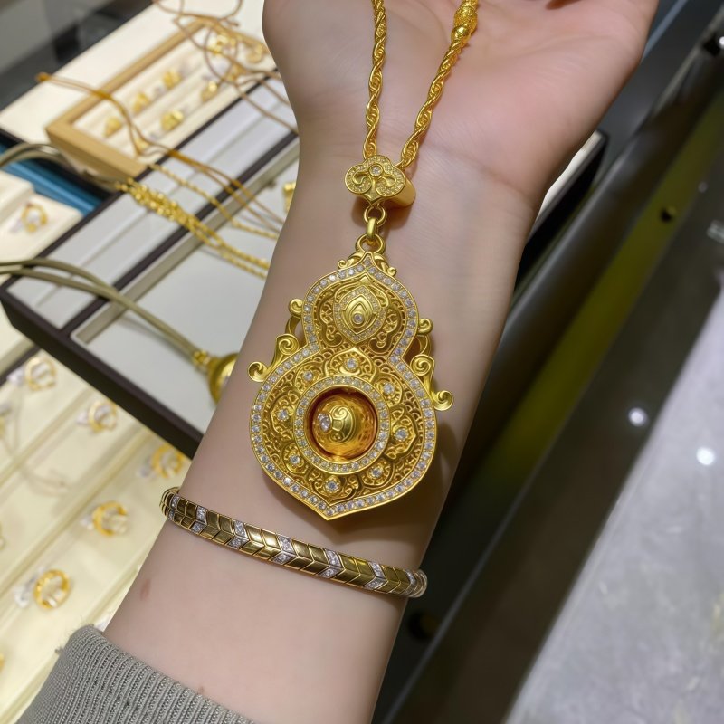 金包银人生四美吊坠古法新中式三元抱喜福禄点钻镂空项链女