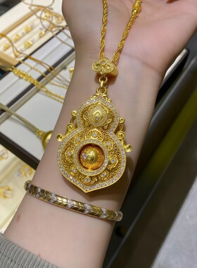 金包银人生四美吊坠古法新中式三元抱喜福禄点钻镂空项链女