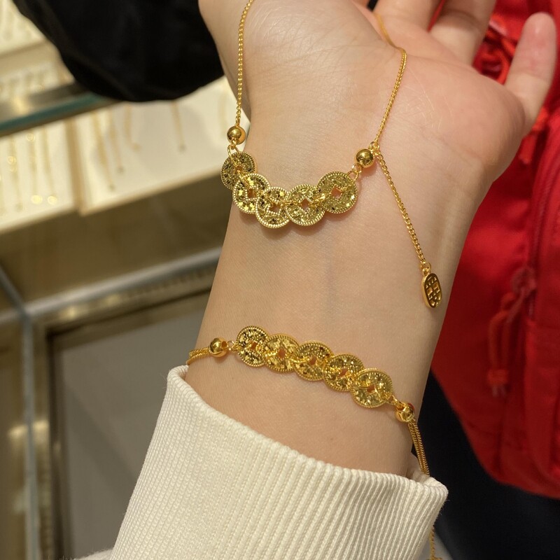 金包银五帝钱碎冰冰鱼鳞手链国潮爆闪招财钱多多盘缠手串送女友