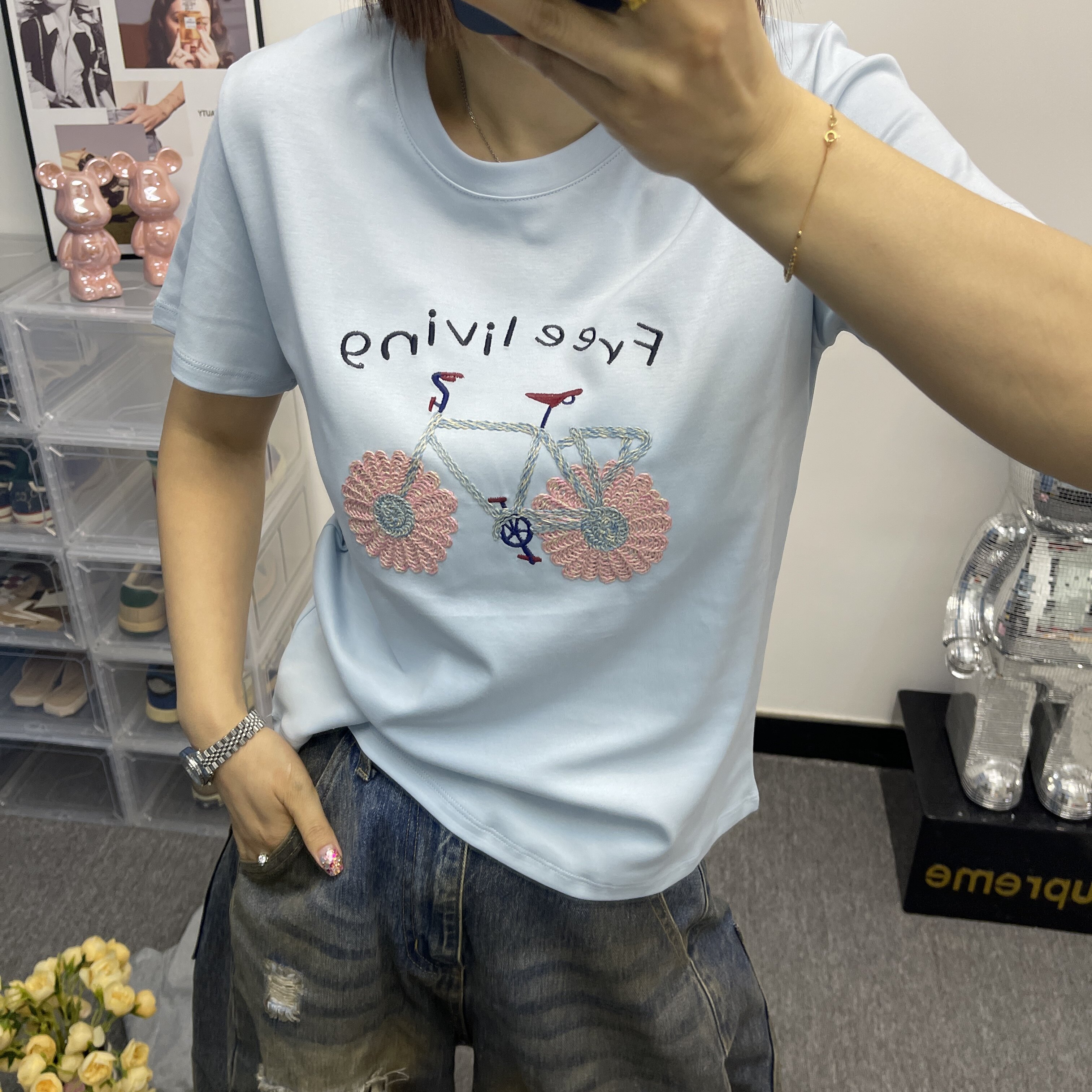 欧洲站新款时尚流行百搭正肩显瘦T恤个性减龄自行车刺绣印花短袖