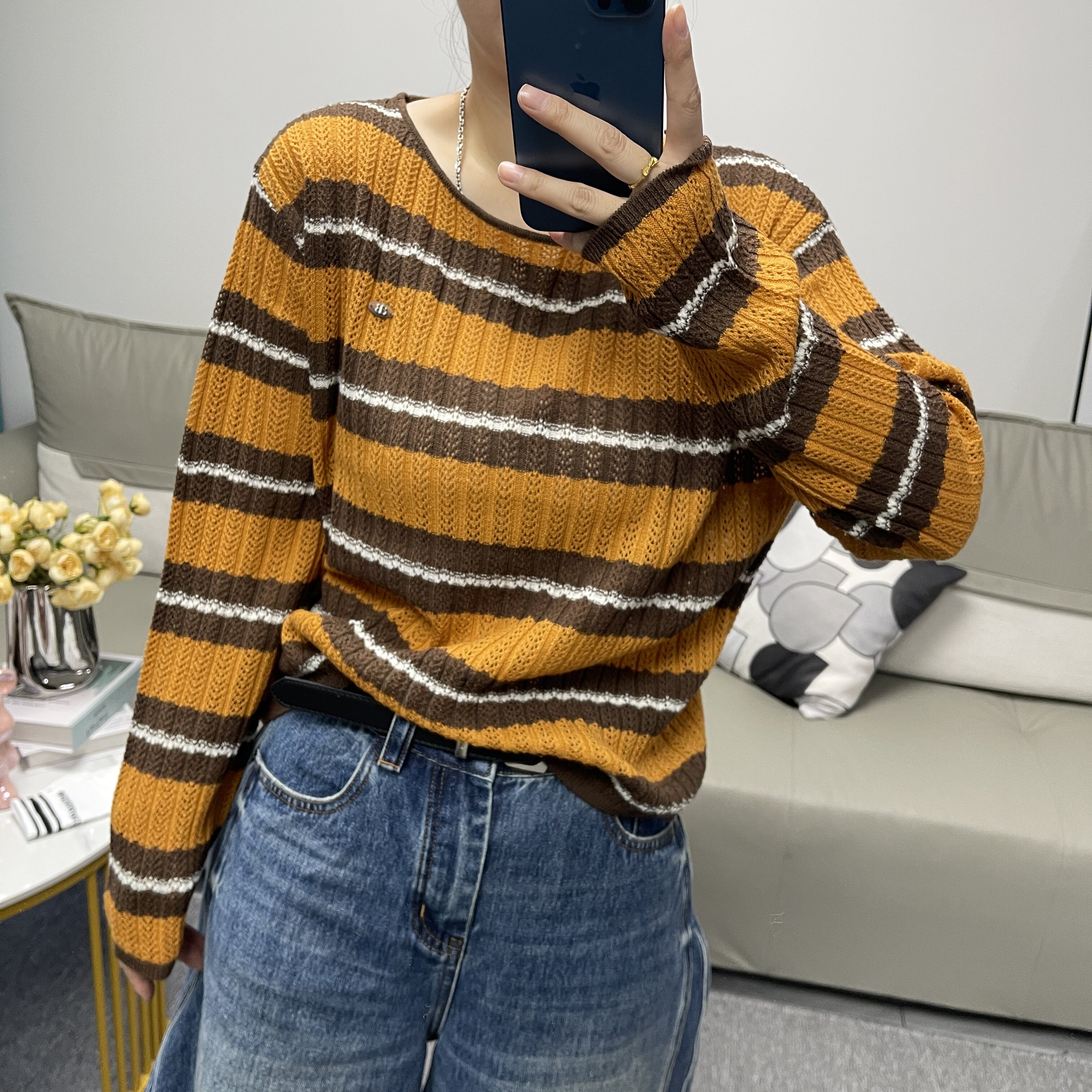 秋季韩版撞色条纹显瘦女针织衫