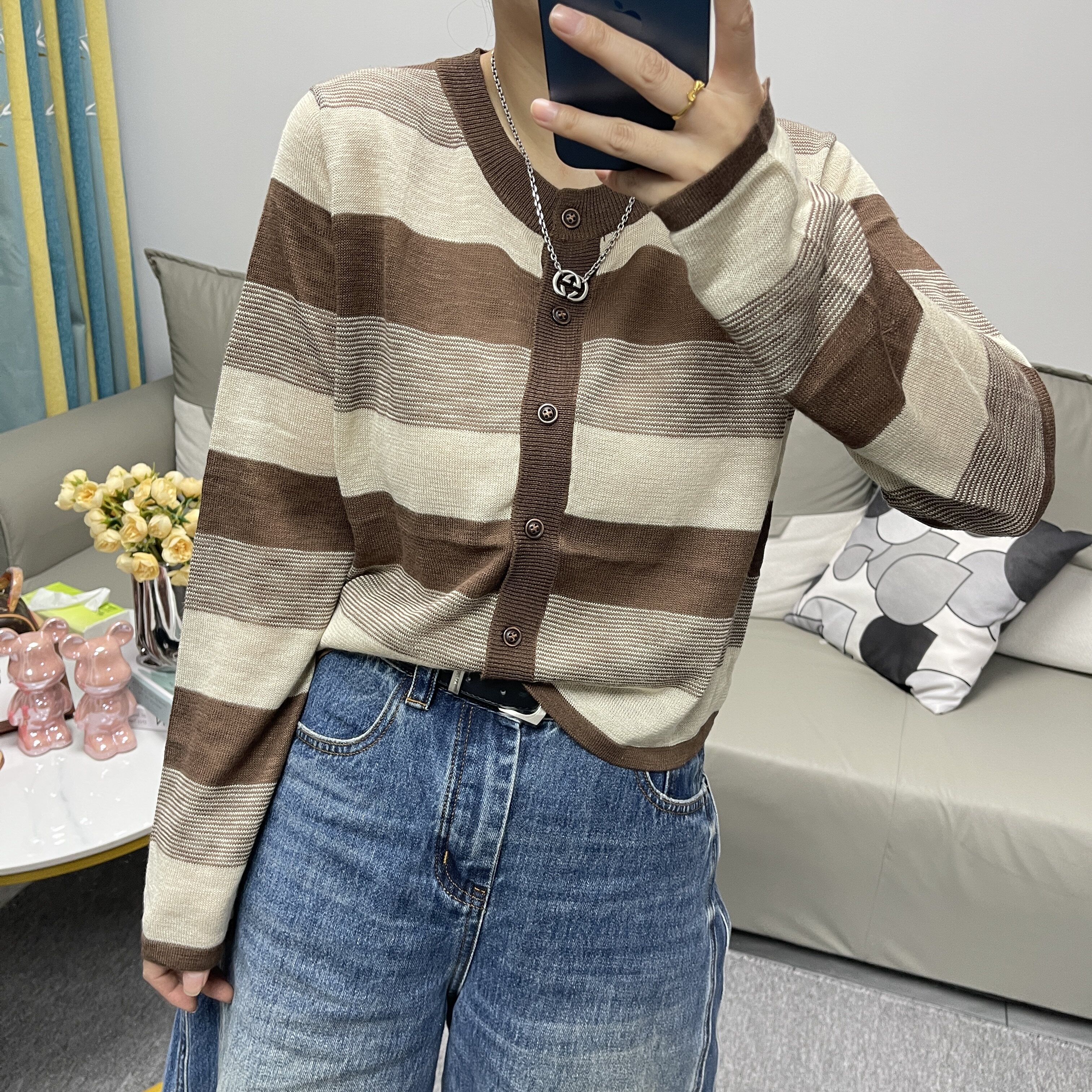 韩系撞色条纹短款针织开衫女显瘦