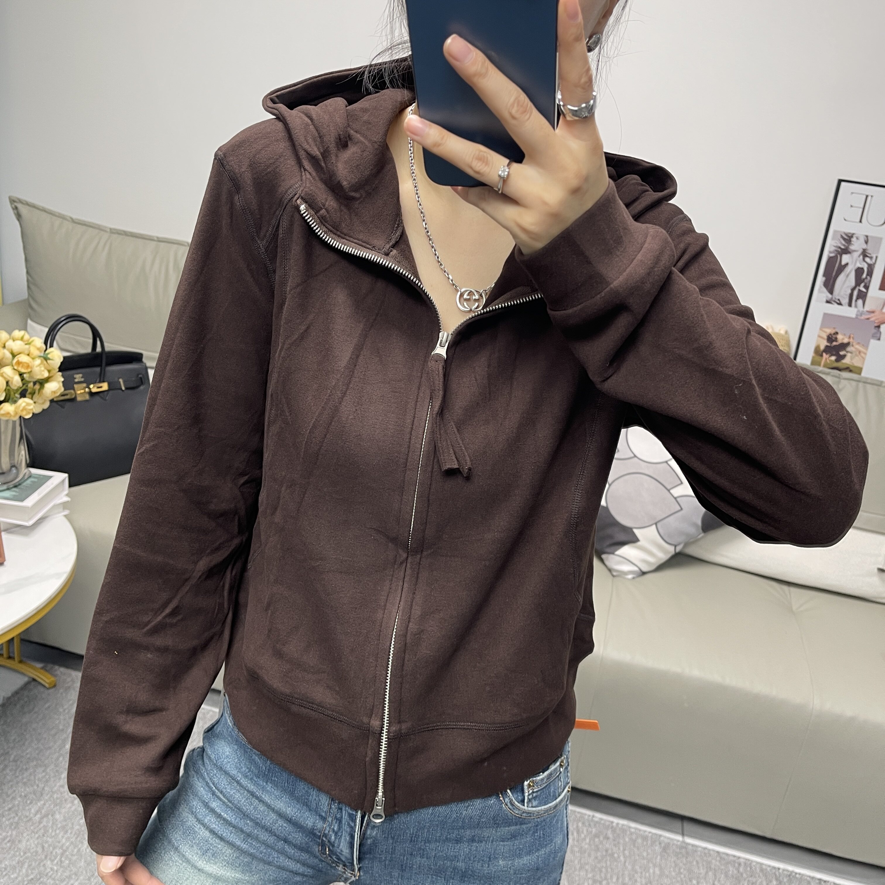 韩版德绒连帽拉链短款修身女外套
