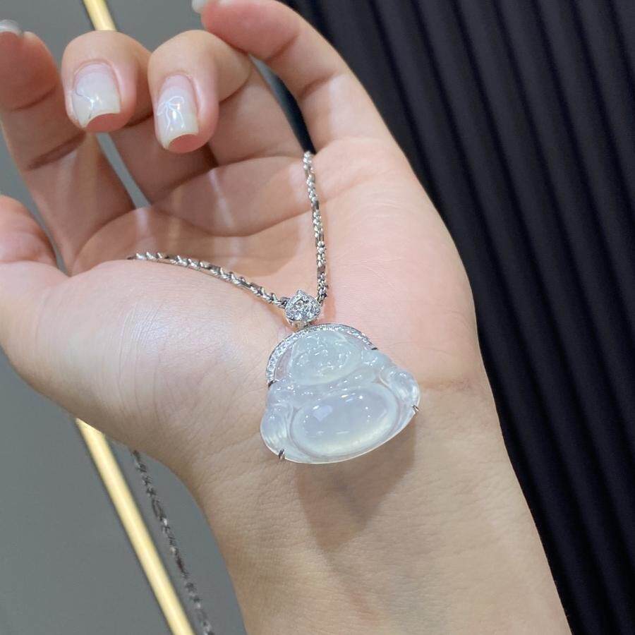 泗隆珠宝-缅甸天然A货翡翠佛公吊坠 18k金镶嵌冰种玉石弥勒佛挂件