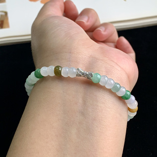 手饰 三彩手珠串5.9mm缅甸玉石女款 泗隆珠宝 天然A货翡翠圆珠手串