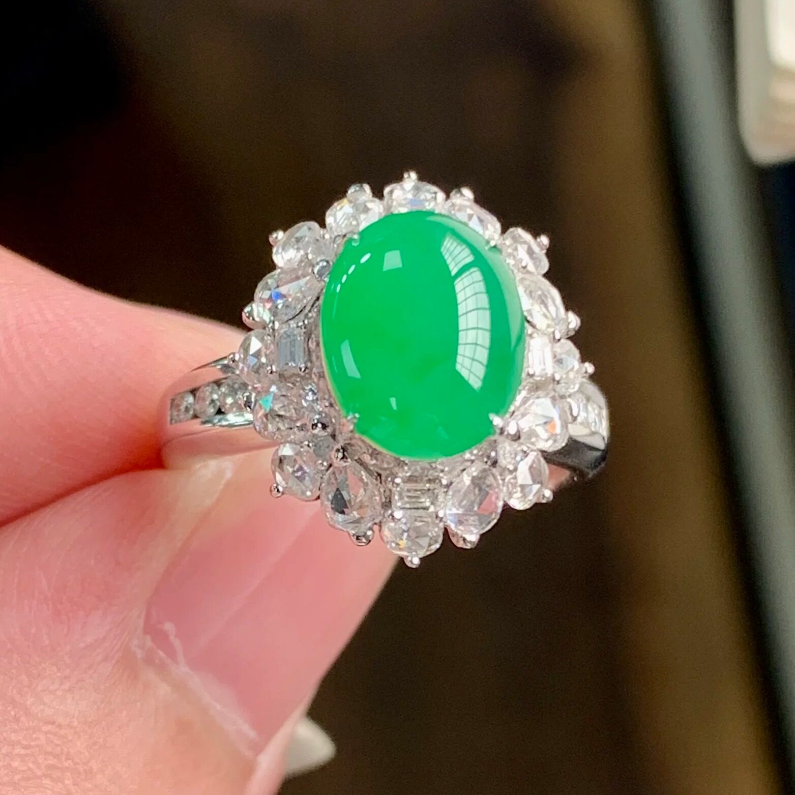 泗隆珠宝-天然A货缅甸翡翠18k满绿戒指 珠宝设计镶嵌玉石配件