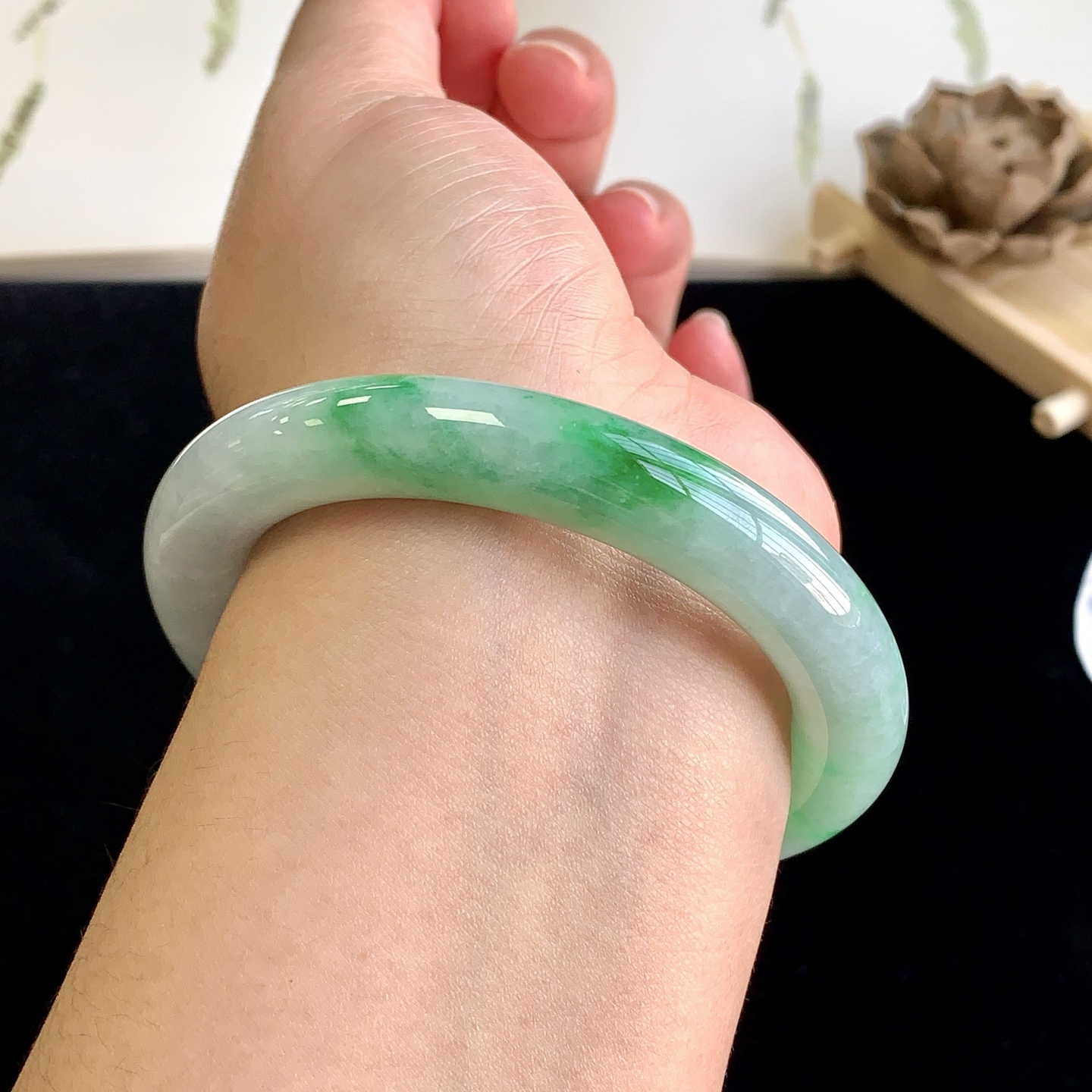 泗隆珠宝-缅甸天然A货翡翠手镯玉器镯子 白底青圆条手镯58圈口