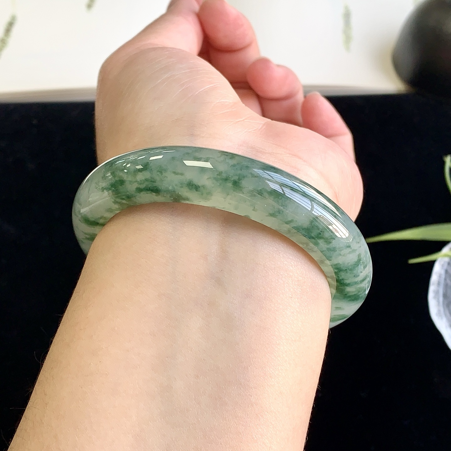 泗隆珠宝-缅甸天然A货翡翠手镯玉器镯子 冰飘花翡翠手镯58圈口