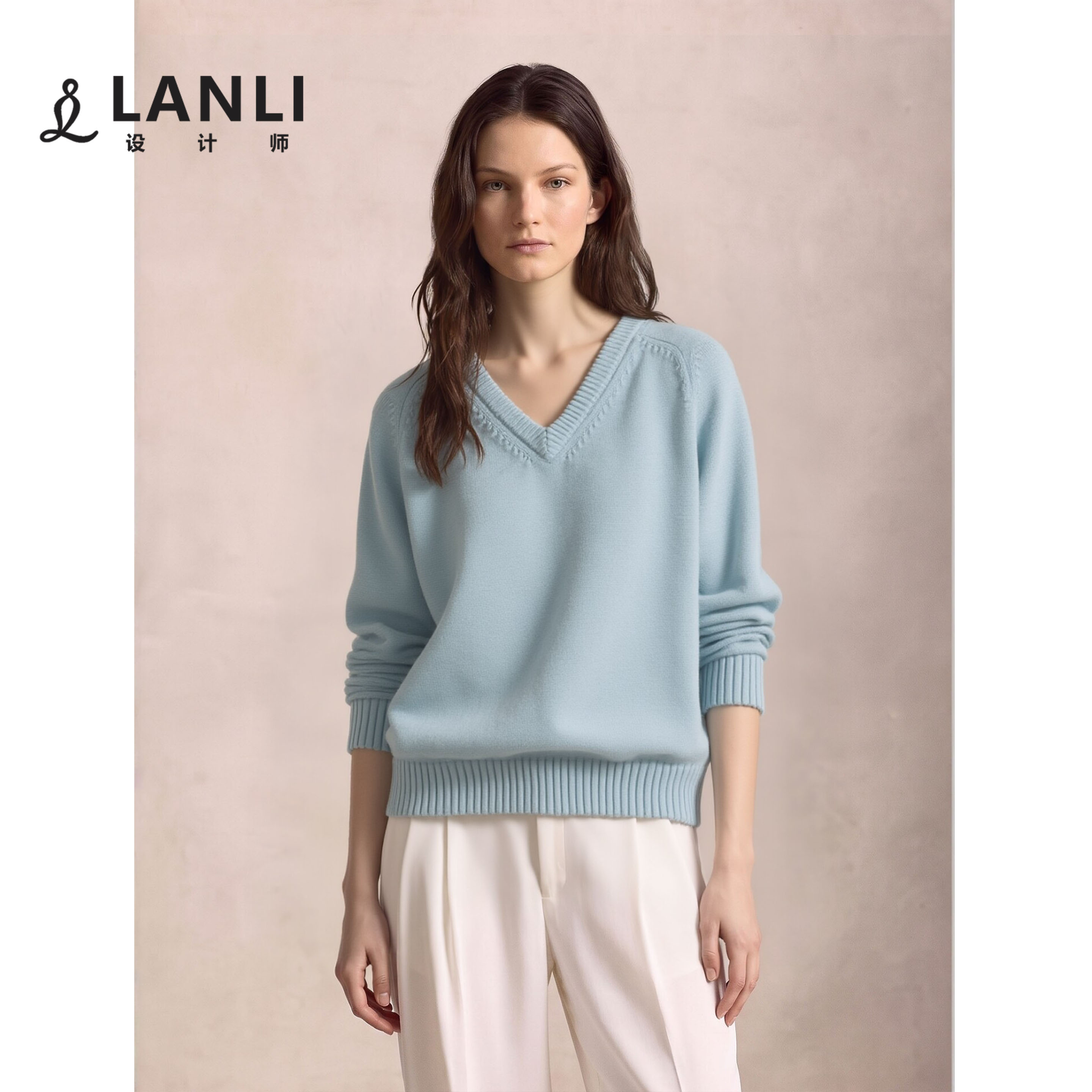 LANLI女装 100%纯棉丨2026秋新款V领针织衫柔软套头长袖毛衣上衣