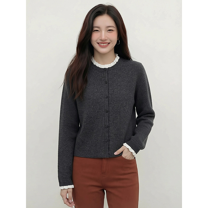 学院风白色木耳边针织开衫女春季圆领扣子毛衣外套显瘦减龄上衣,女装/女士精品,毛针织衫,淘宝优惠券,粉丝福利购,淘宝优惠卷