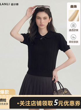 【曲珠】韩系温柔风POLO领蝴蝶结针织衫女短袖显瘦百搭减龄上衣