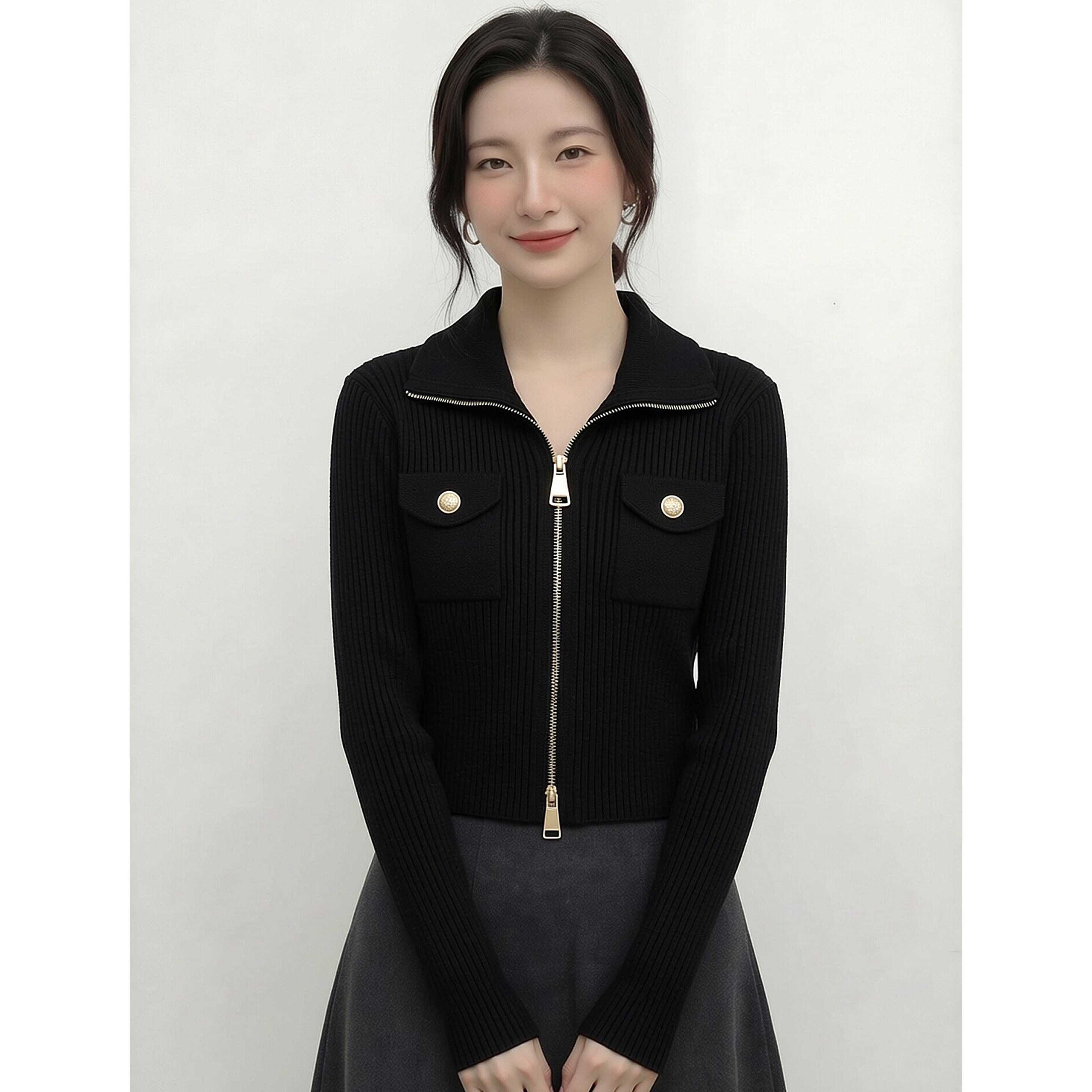 [小香风奢感]设计感双拉链翻领针织开衫女黑色修身显瘦毛衣外套