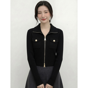 [小香风奢感]设计感双拉链翻领针织开衫女黑色修身显瘦毛衣外套