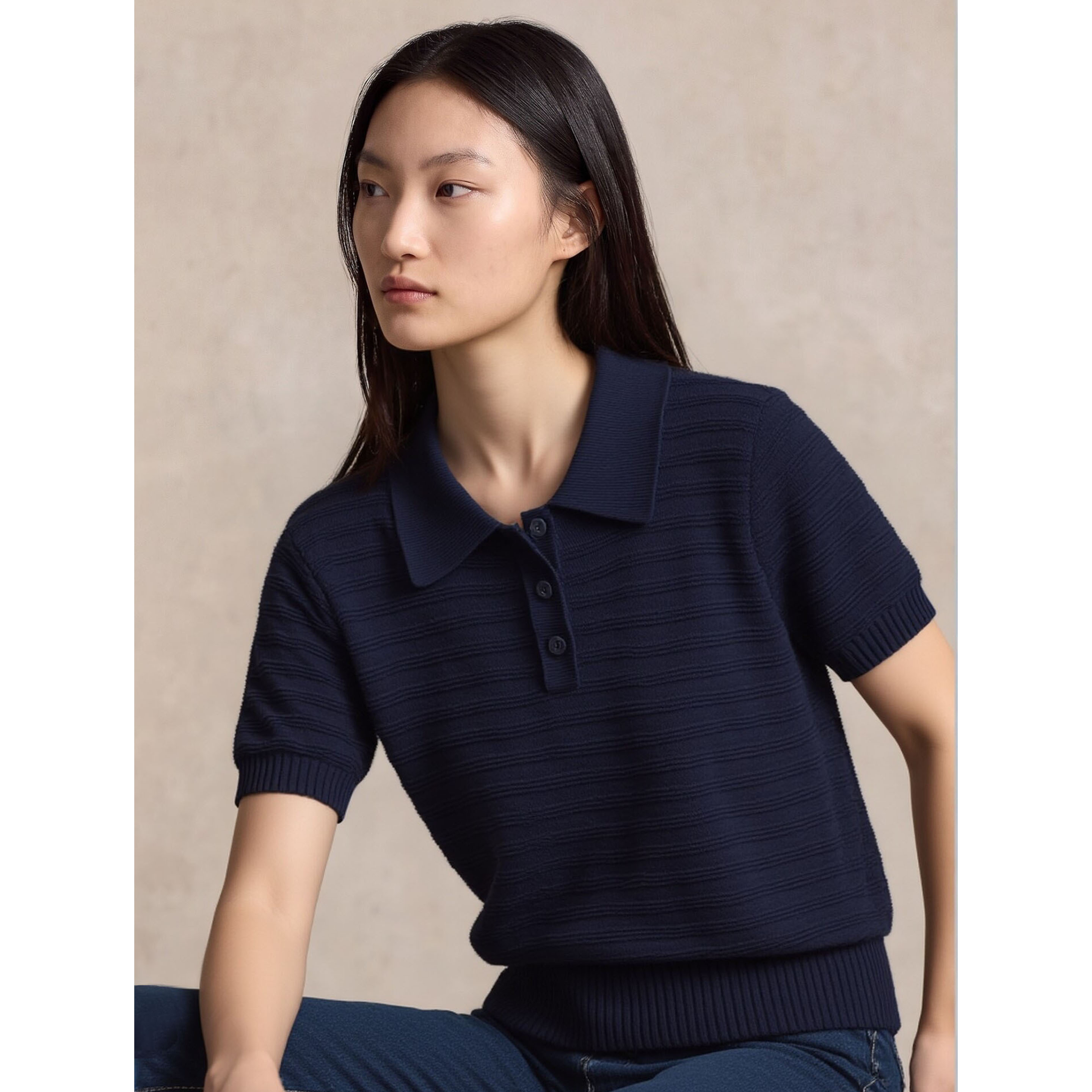 莱赛尔天丝+亚麻丨简约通勤POLO领短袖针织衫女修身套头藏青上衣