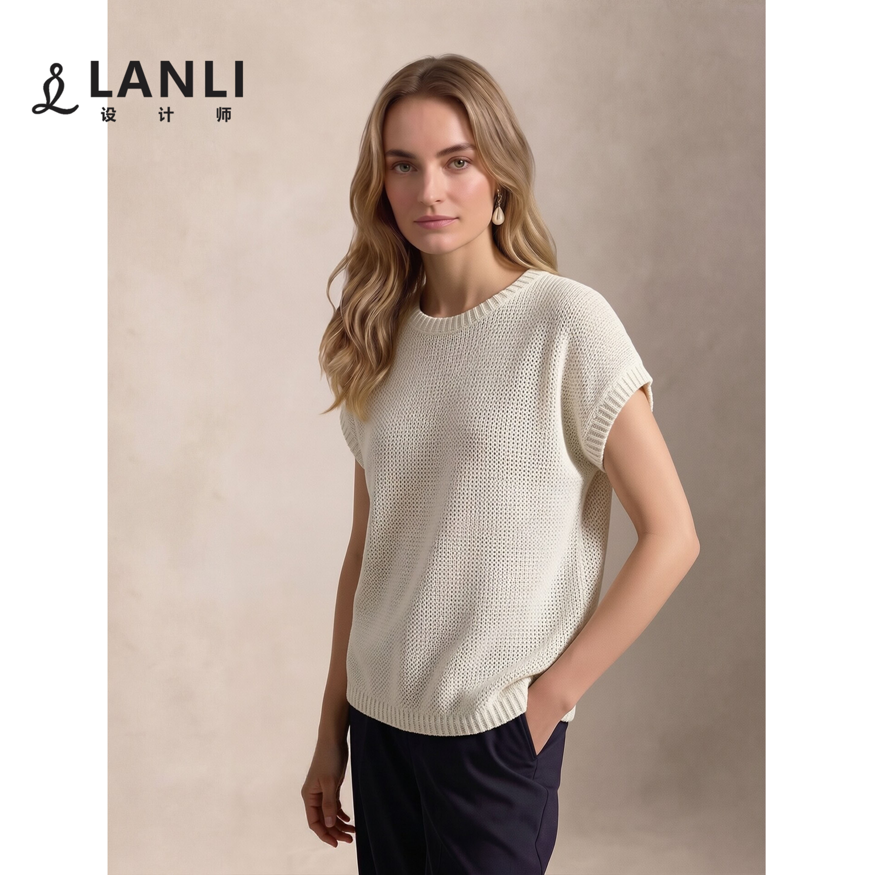 LANLI女装 100%棉纯色圆领短袖针织简约时尚百搭舒适柔软T恤上衣