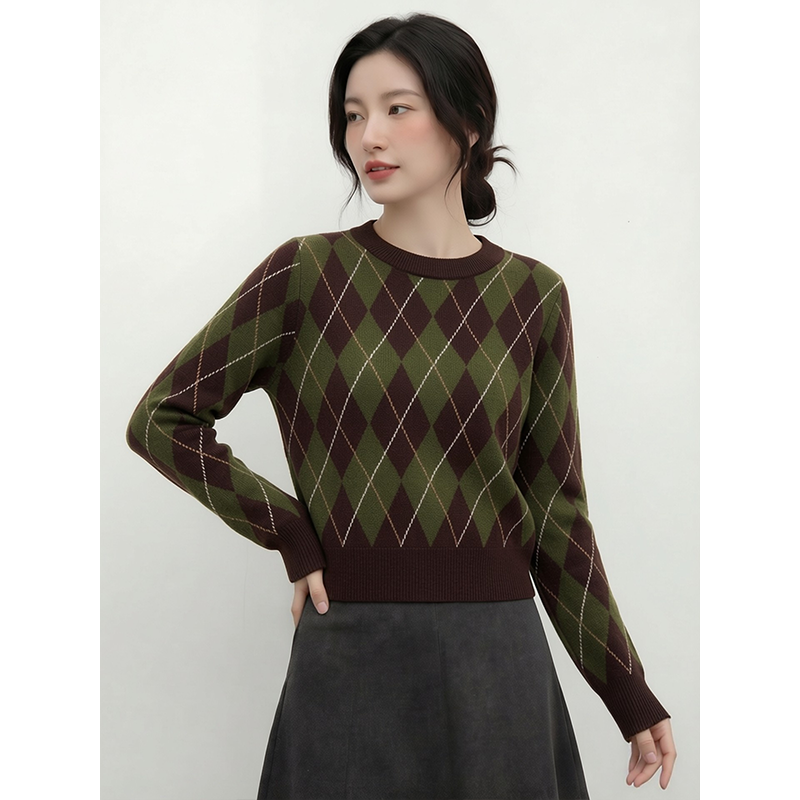 2026春季新款复古菱格纹圆领长袖针织衫女套头显瘦气质毛衣上衣,女装/女士精品,毛针织衫,淘宝优惠券,粉丝福利购,淘宝优惠卷