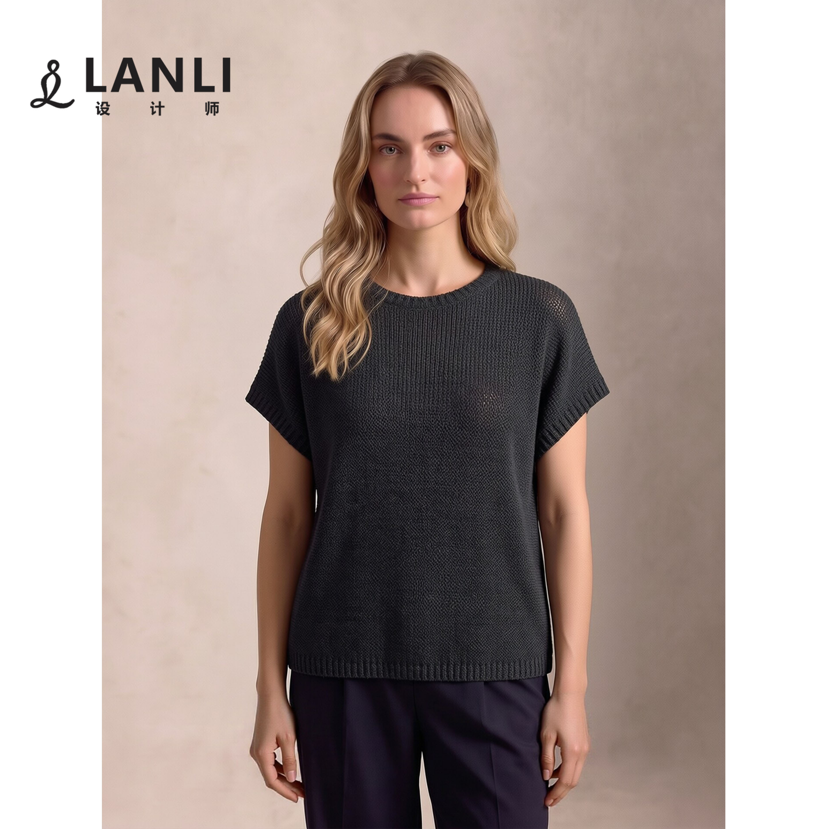 LANLI女装 100%棉极简风百搭舒适飞袖T恤圆领休闲风短袖针织上衣