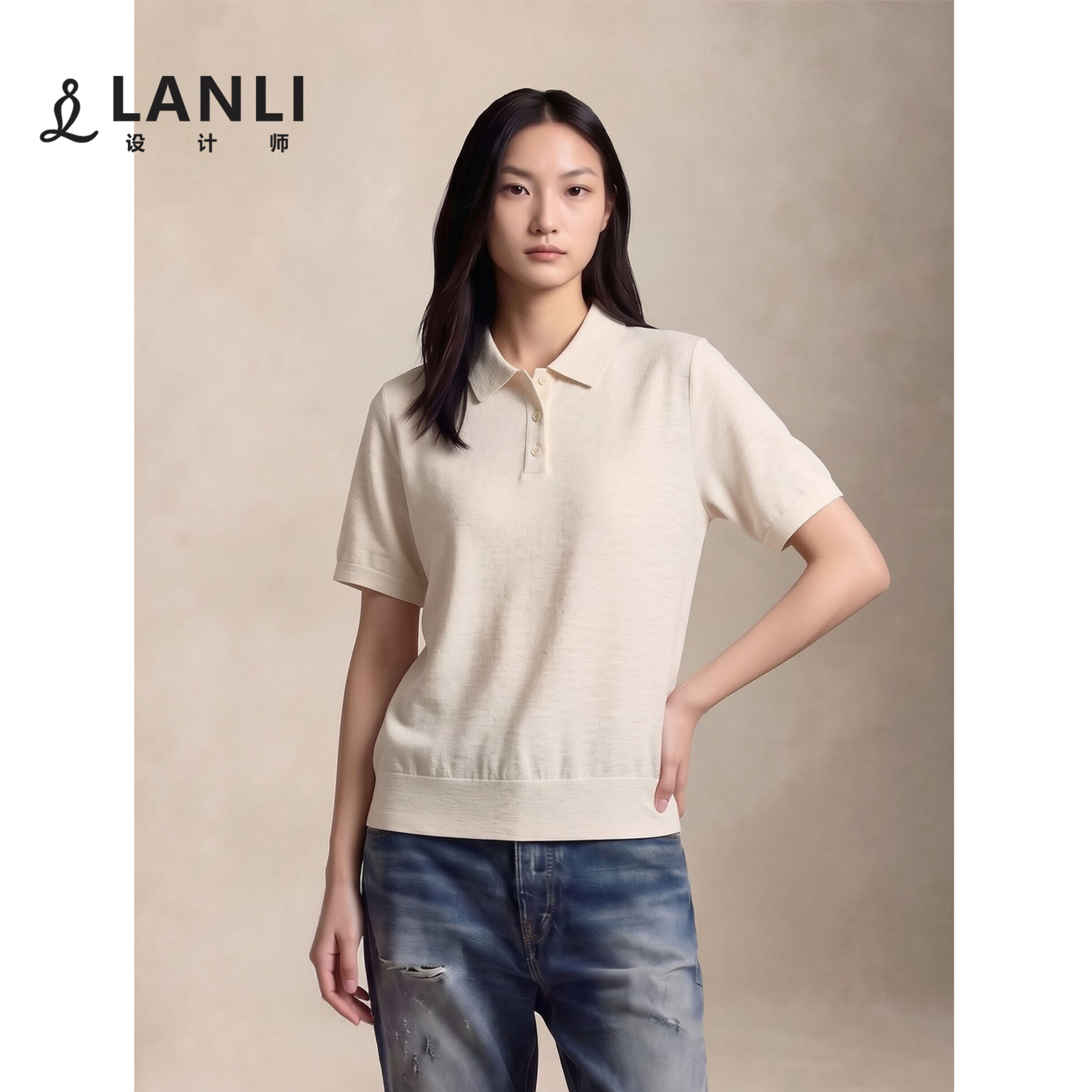LANLI女装 新疆精梳棉丨POLO领通勤显瘦短袖针织衫极简风纯色上衣