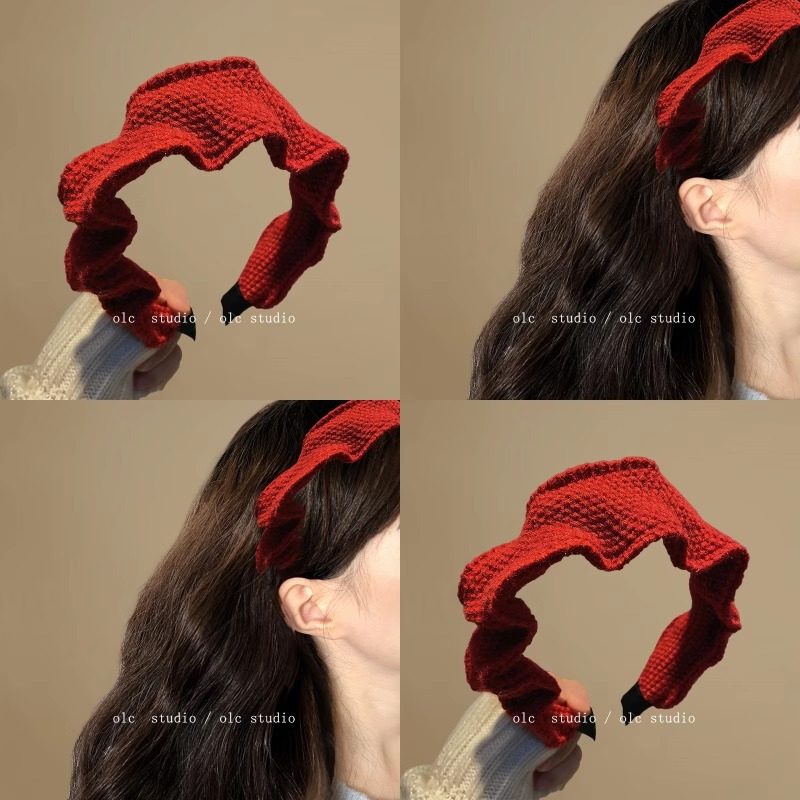 复古红色针织发箍女款高级感秋冬高颅顶褶皱宽边压发头饰百搭头箍