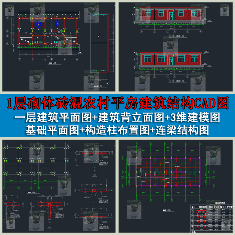 1层砌体砖混农村平房建筑结构基础平面图一层建筑平面图CAD图